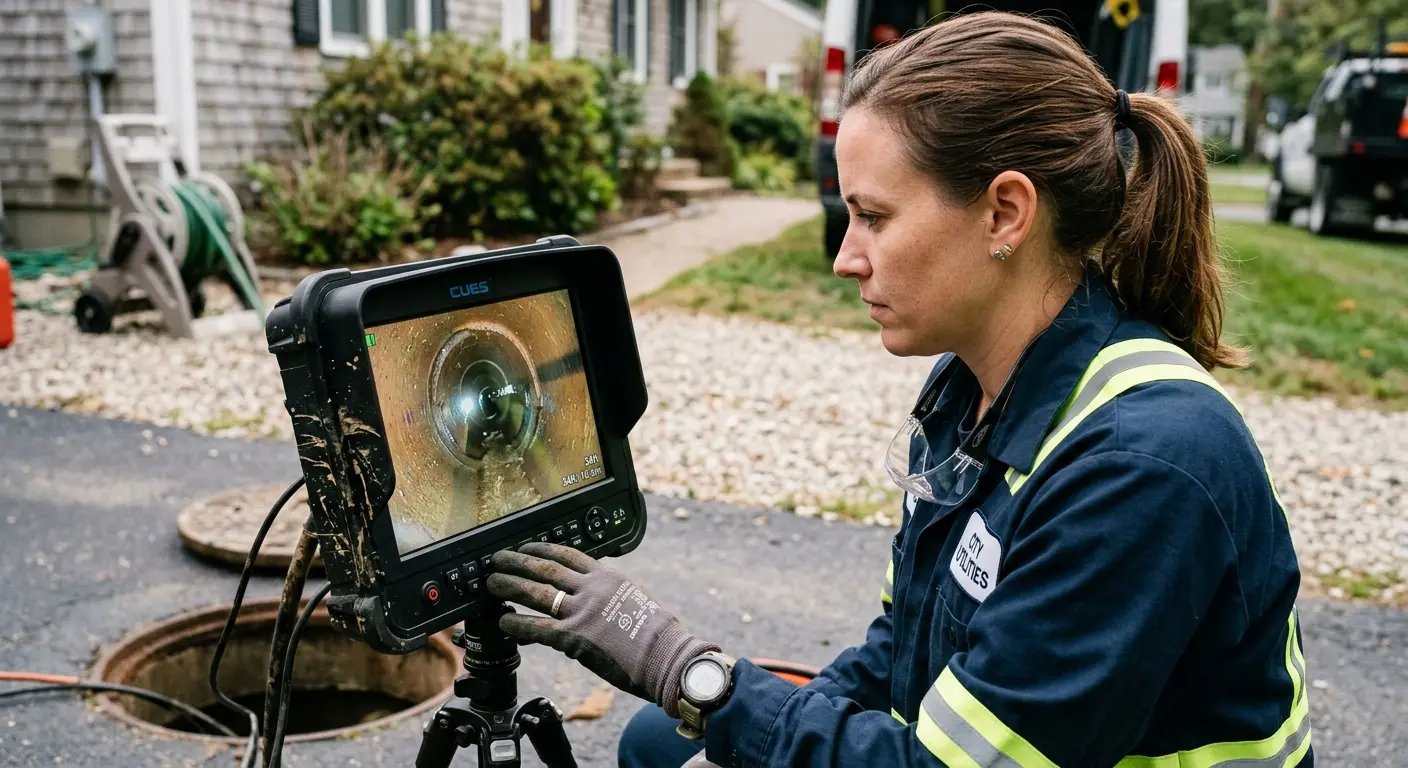 Technician reviewing sewer camera inspection footage in Des Moines
