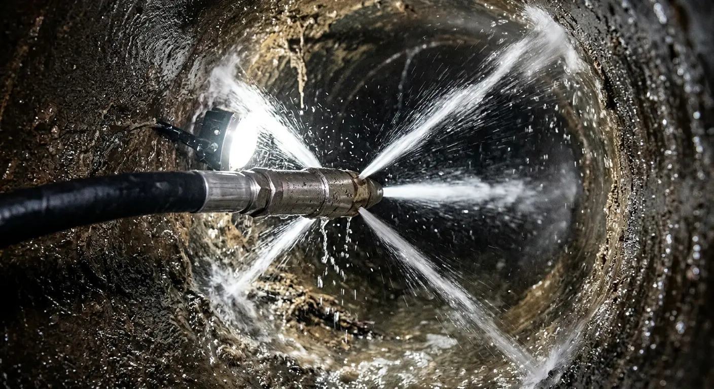 High-pressure hydro jetting nozzle cleaning sewer pipe for Emergency Drain Service in Des Moines