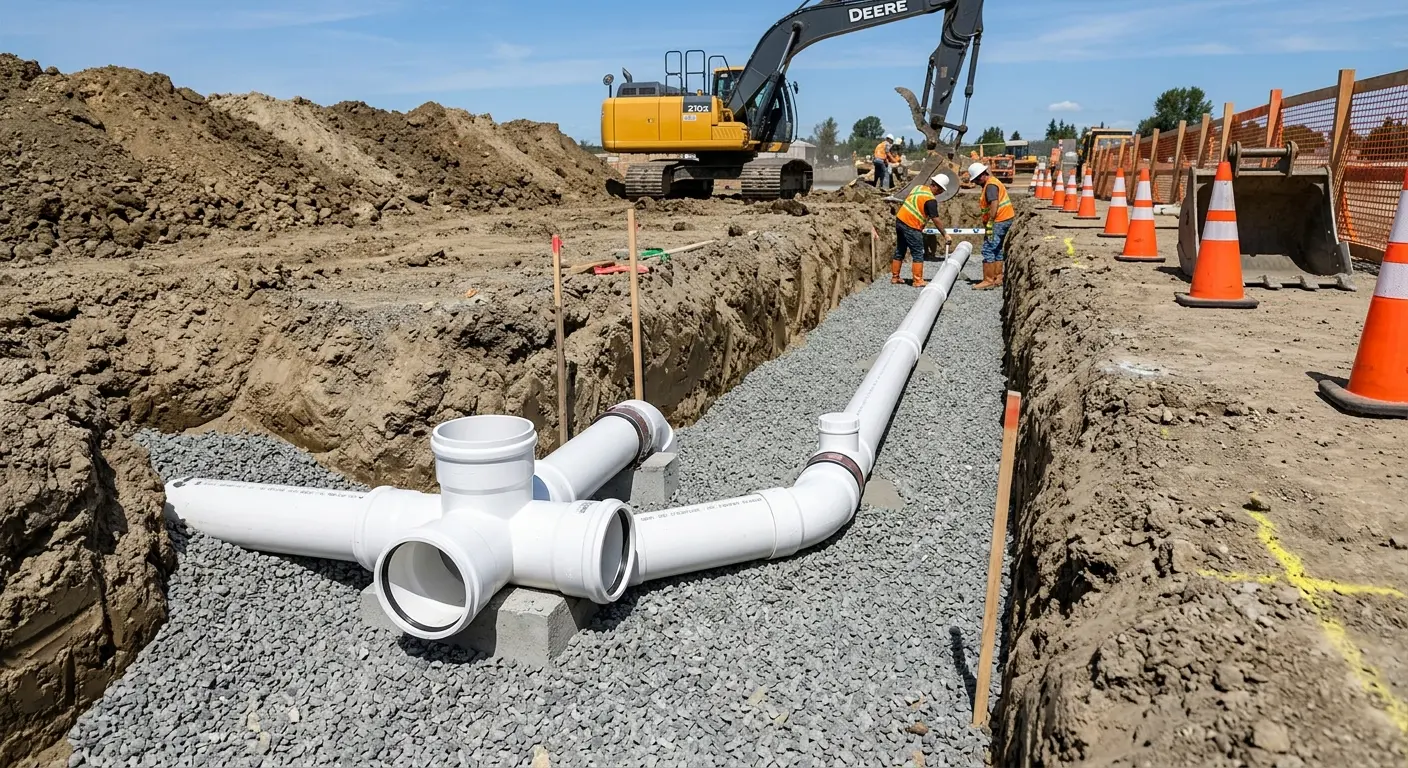 New PVC sewer pipe installation in open trench for Commercial Drain Cleaning in Des Moines